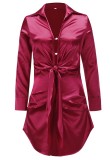 Spring Long Sleeve Knotted Elegant Red Blouse Dress