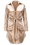 Spring Long Sleeve Knotted Elegant Khaki Blouse Dress