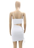 Summer White Cut Out Ruched Strings Strap Mini Bodycon Dress