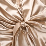 Spring Long Sleeve Knotted Elegant Khaki Blouse Dress