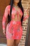 Summer Tie Dye Pink Long Sleeve Crop Top and Mini Skirt Two-Piece Matching Set