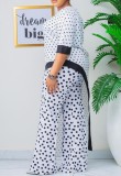 Summer Mother of Bride Polka White Irregular Long Top and Matching Pants Two-Piece Set