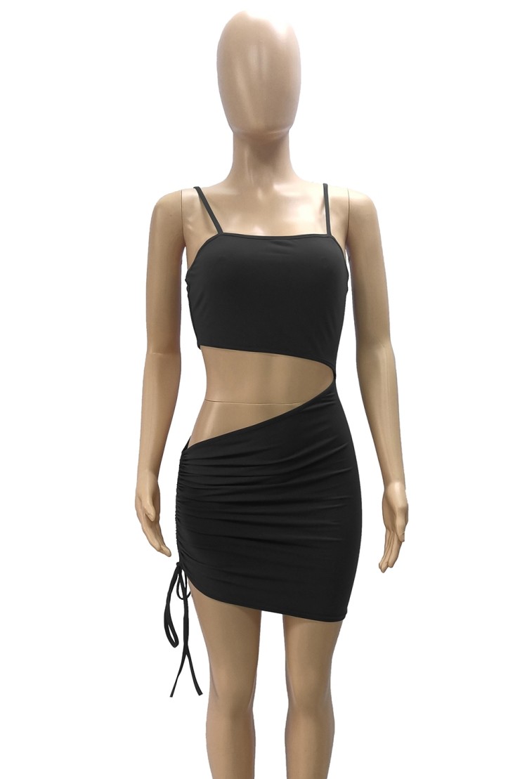 Wholesale Summer Black Cut Out Ruched Strings Strap Mini Bodycon Dress ...