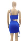 Summer Blue Cut Out Ruched Strings Strap Mini Bodycon Dress