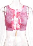Summer Tie Dye Pink Chains Lace-Up Sleeveless Crop Top