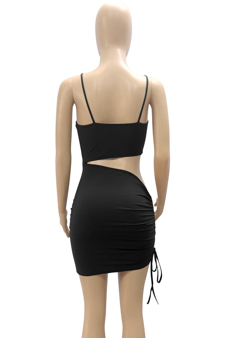 Wholesale Summer Black Cut Out Ruched Strings Strap Mini Bodycon Dress ...