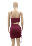 Summer Red Cut Out Ruched Strings Strap Mini Bodycon Dress