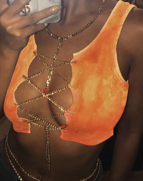 Summer Tie Dye Orange Chains Lace-Up Sleeveless Crop Top