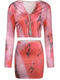 Summer Tie Dye Pink Long Sleeve Crop Top and Mini Skirt Two-Piece Matching Set