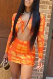 Summer Tie Dye Orange Long Sleeve Crop Top and Mini Skirt Two-Piece Matching Set