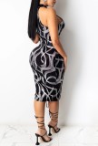 Summer Print Black Lace-Up Scoop Neck Midi Party Dress