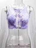 Summer Tie Dye Purple Chains Lace-Up Tank Crop Top