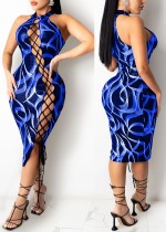 Summer Print Blue Lace-Up Scoop Neck Midi Party Dress