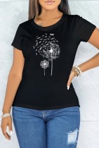 Yaz Baskı Siyah O-Boyun Kısa Kollu T Shirt