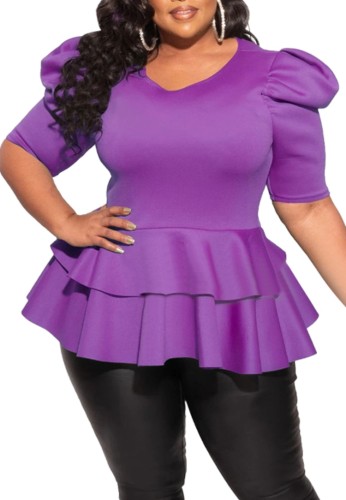 Summer Plus Size Formal Purple Short Sleeve Peplum Top