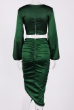 Spring Green Vintage Long Sleeve Keyhole Crop Top and Ruched Irregular Long Skirt 2PC Set
