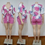 Plus Size Summer Print Pink Short Sleeve Blouse and Shorts Matching Set