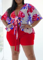 Plus Size Summer Print Red Short Sleeve Blouse and Shorts Matching Set