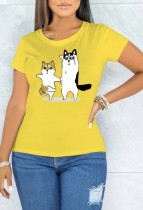 Yaz Baskı Sarı O-Boyun Kısa Kollu T Shirt