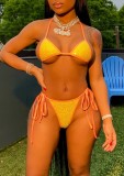 Summer Yellow Beaded Bra and Panty, Shorts 3 Piece Matching Party Set