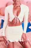 Summer White Long Sleeve Crop Top and Ruched Mini Skirt 2PC Matching Set