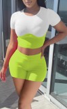 Summer Block Color Tight Crop Top and High Waist Shorts 2PC Matching Set
