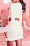 Summer White Long Sleeve Crop Top and Ruched Mini Skirt 2PC Matching Set
