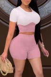Summer Block Color Tight Crop Top and High Waist Shorts 2PC Matching Set