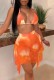 Summer Orange Tie Dye Bra and Ruffle Skirt Matching 2PC Party Set