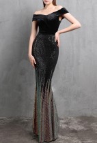Summer Velvet Upper Strapless Sequin Black Mermaid Evening Dress