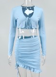 Summer Blue Long Sleeve Crop Top and Ruched Mini Skirt 2PC Matching Set