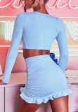 Summer Blue Long Sleeve Crop Top and Ruched Mini Skirt 2PC Matching Set