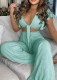 Summer Casual Green Knotted Crop Top and High Waist Wide Pants 2PC Matching Set
