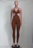 Summer Brown Sexy Cut Out Halter Bodycon Jumpsuit
