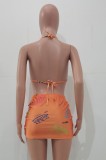 Summer Print Orange Sexy Bra and Panty, Matching Mini Skirt 3 Piece Party Set