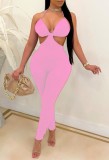 Summer Pink Sexy Cut Out Halter Bodycon Jumpsuit
