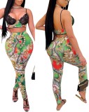 Summer Print Retro Lace Patch Crop Top and High Waist Pants 2PC Bodycon Set