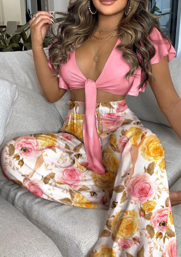 Summer Casual Floral Pink Knotted Crop Top and High Waist Wide Pants 2PC Matching Set