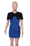 Summer Black and Blue Patch Denim Bodycon Dress