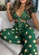 Summer Casual Polka Green Knotted Crop Top and High Waist Wide Pants 2PC Matching Set