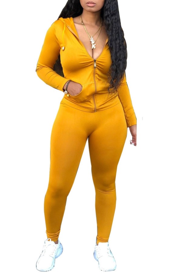 Spring Tight Long Sleeve Yellow Hoody Tracksuit
