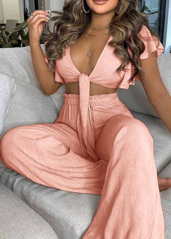 Summer Casual Pink Knotted Crop Top and High Waist Wide Pants 2PC Matching Set