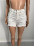 Summer White Denim High Waist Ripped Tassel Shorts