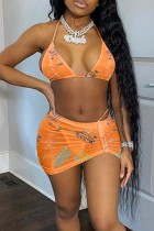 Summer Print Orange Sexy Bra and Panty, Matching Mini Skirt 3 Piece Party Set