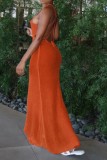 Summer Knitting Orange Side Slit Wrapped Halter Long Sundress