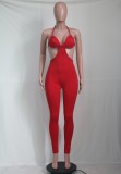 Summer Red Sexy Cut Out Halter Bodycon Jumpsuit