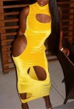 Summer Yellow Cut Out Sleeveless Turtleneck Sexy Midi Dress