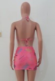 Summer Print Pink Sexy Bra and Panty, Matching Mini Skirt 3 Piece Party Set