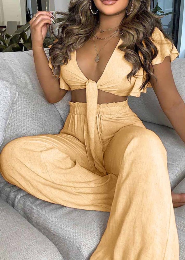 Summer Casual Yellow Knotted Crop Top and High Waist Wide Pants 2PC Matching Set