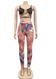 Summer Print Retro Lace Patch Crop Top and High Waist Pants 2PC Bodycon Set